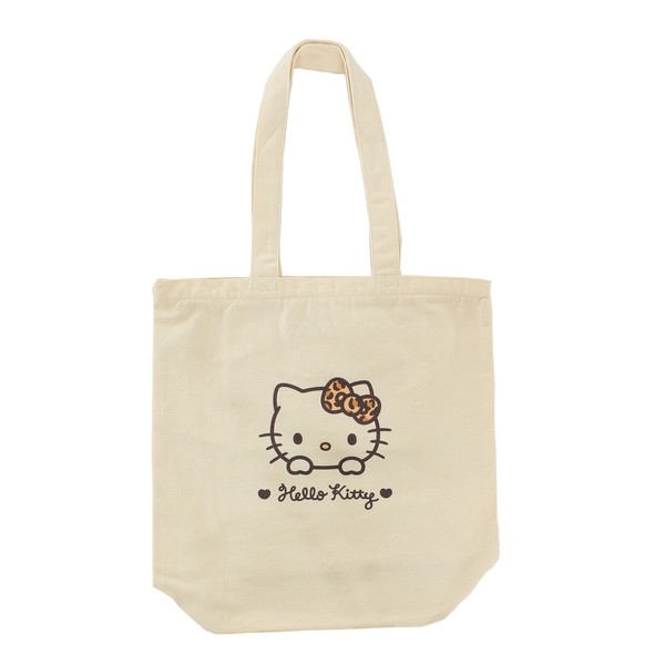 トートバッグ 縦型 ハローキティ レオパード ヒョウ柄 キャンパス地 帆布 アイボリー 40×37cm 画像