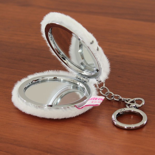 コンパクトミラー キティ ハローキティ 丸型 刺繍 ダブルミラー 2倍拡大鏡 アイボリー 65×65×18 画像