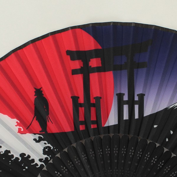 扇子 布せんす 浪と侍 せんす 富士山 鳥居 桜 和柄 和風 ブラック 21cm 画像