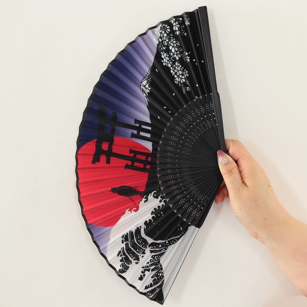 扇子 布せんす 浪と侍 せんす 富士山 鳥居 桜 和柄 和風 ブラック 21cm 画像