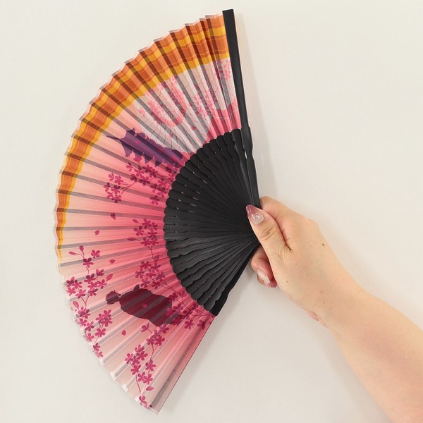 扇子 布せんす お寺と舞妓 桜 五重塔 番傘 せんす 和風 和柄 ピンク 21cm 画像
