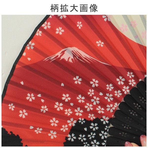 扇子 布せんす 月と忍者 桜 富士山 寺 五重塔 満月 和風 和柄 レッド 21cm 画像