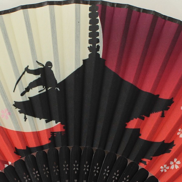 扇子 布せんす 月と忍者 桜 富士山 寺 五重塔 満月 和風 和柄 レッド 21cm 画像