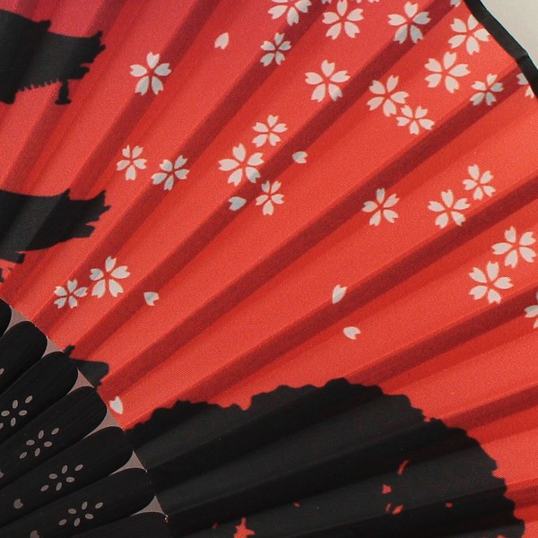 扇子 布せんす 月と忍者 桜 富士山 寺 五重塔 満月 和風 和柄 レッド 21cm 画像