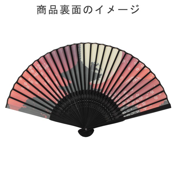 扇子 布せんす 月と忍者 桜 富士山 寺 五重塔 満月 和風 和柄 レッド 21cm 画像