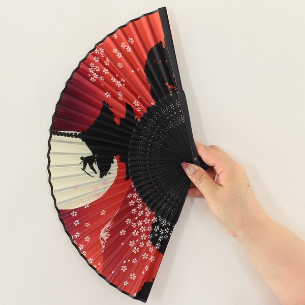 扇子 布せんす 月と忍者 桜 富士山 寺 五重塔 満月 和風 和柄 レッド 21cm 画像
