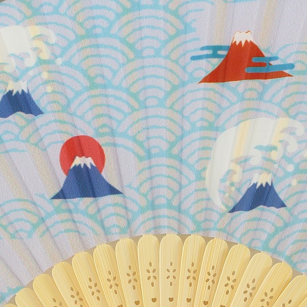 扇子 布せんす 富士山 赤富士 青海波 浪 日の出 和風 和柄 ブルー 21cm 画像