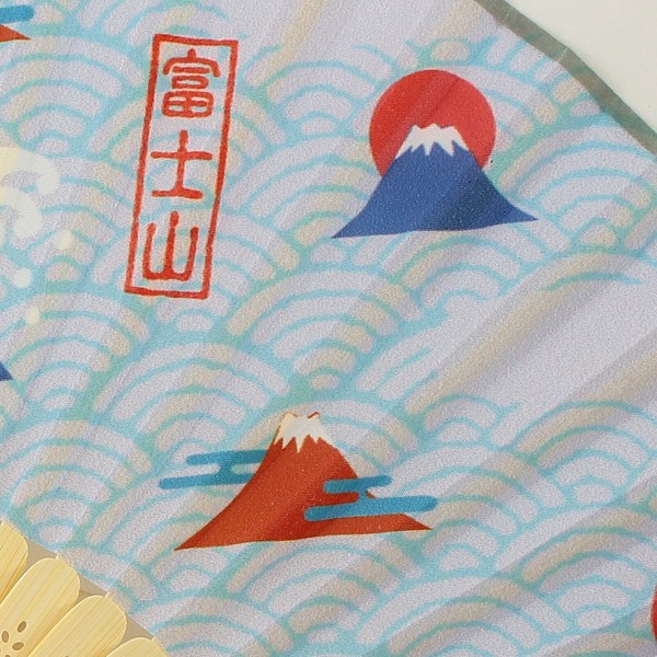扇子 布せんす 富士山 赤富士 青海波 浪 日の出 和風 和柄 ブルー 21cm 画像
