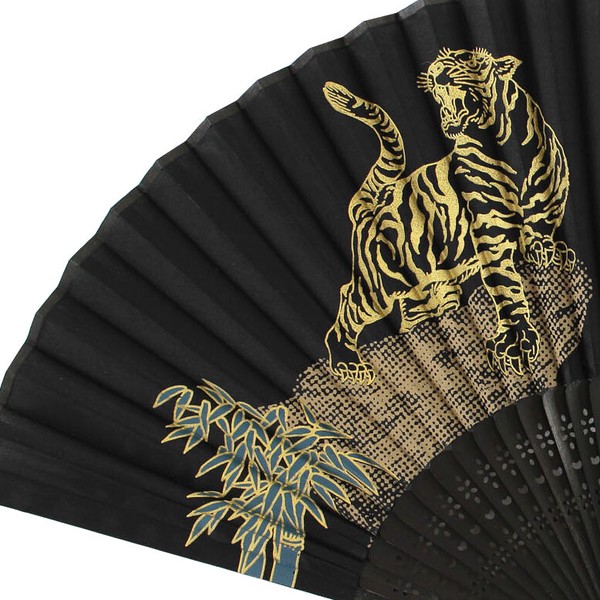 扇子 布せんす 虎 トラ 竹 和風 和柄 ブラック 21cm 画像