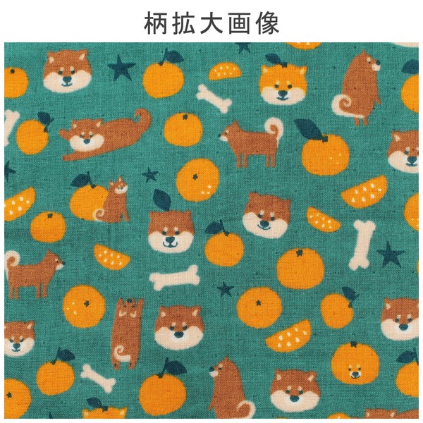 はんかち みかんと豆柴 今治タオル 日本製 オーガニックコットン 柴犬 魚 ミカン グリーン 24×24 画像