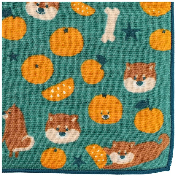 はんかち みかんと豆柴 今治タオル 日本製 オーガニックコットン 柴犬 魚 ミカン グリーン 24×24 画像