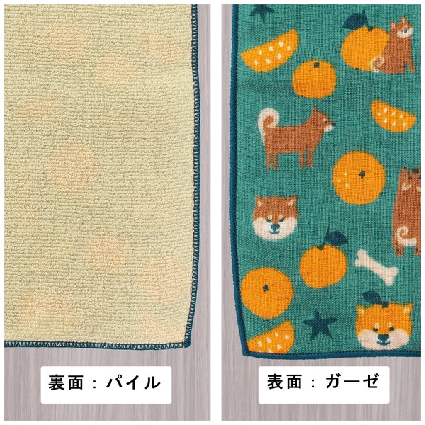はんかち みかんと豆柴 今治タオル 日本製 オーガニックコットン 柴犬 魚 ミカン グリーン 24×24 画像