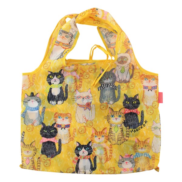 2Way ショッピングバッグ エコバッグ 猫が整列したら 黒猫 三毛猫 イエロー 53×40cm 全体画像