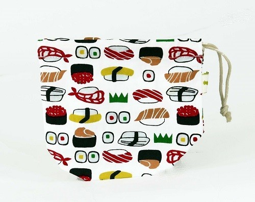 ★巾着袋Sサイズ　小物入れにぴったりなかわいい巾着袋　おすしWH★ 画像