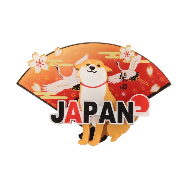 アクリルマグネット あけのつるしばた 柴犬 ツル 鶴 扇 立体3層重ね 3D レッド 7cm×10cm 全体画像