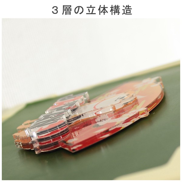 アクリルマグネット あけのつるしばた 柴犬 ツル 鶴 扇 立体3層重ね 3D レッド 7cm×10cm 画像