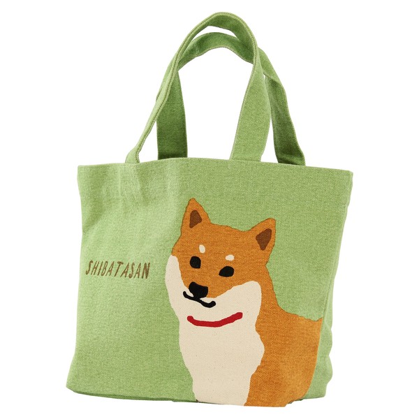 ミニトートバッグ 内ポケット付き しばいぬしばた 柴犬 サブバッグ ナチュラル グリーン 30×20cm 画像