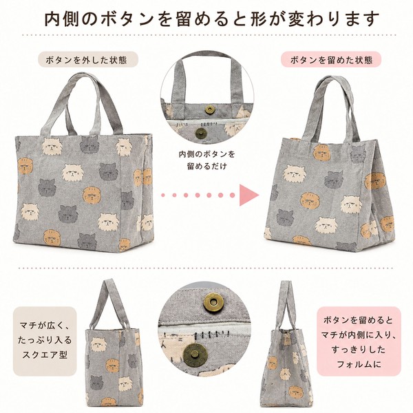 ミニトートバッグ 仕切り付き フテブテシネコ 猫 コットン キャンバス地 グレー 27×25cm 画像