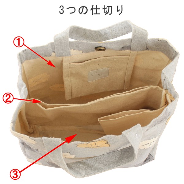 ミニトートバッグ 仕切り付き フテブテシネコ 猫 コットン キャンバス地 グレー 27×25cm 画像