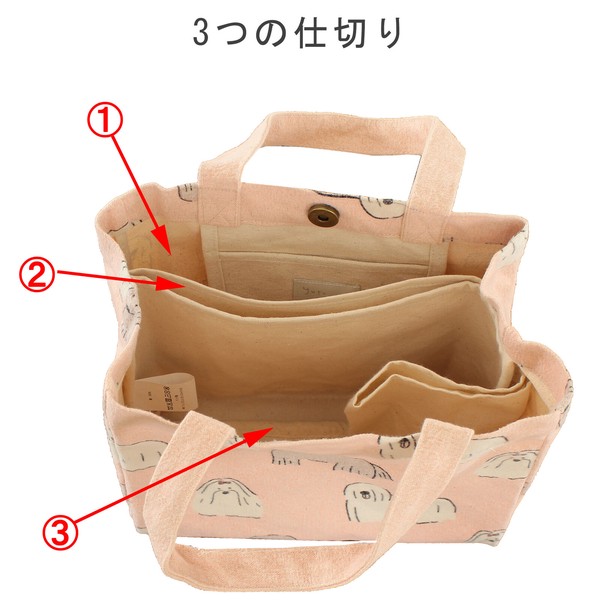ミニトートバッグ 仕切り付き キョトンイヌ 犬 コットン キャンバス地 ピンク 25×21cm 画像