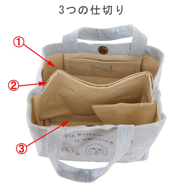 ミニトートバッグ 仕切り付き チビッコグラサン 犬 サングラス コットン ブルー 25×21cm 画像