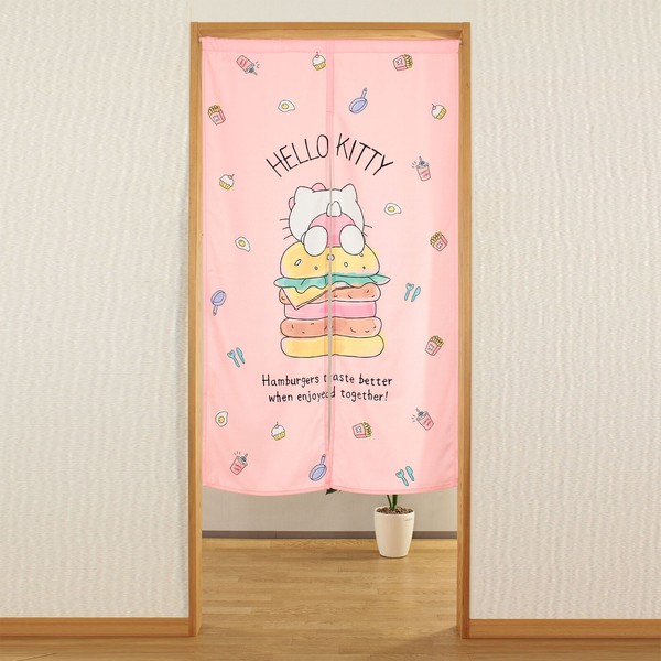 のれん バーガーキティ ハンバーガー ポテト ケーキ 目玉焼き 猫 ねこピンク 幅85cm×高さ(丈)150cm 画像