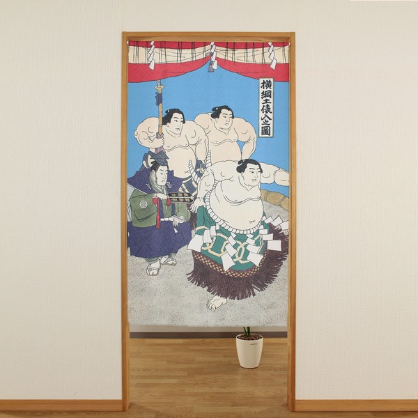 のれん 横綱土俵入り すもう 相撲 力士 日本の伝統文化 浮世絵 ブルー 85×150 画像