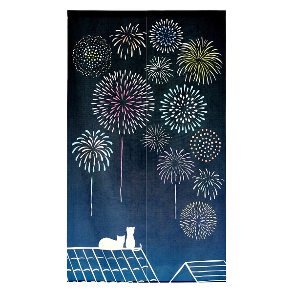 のれん 花火と猫 日本製 ネイビー 幅85cm×高さ(丈)150cm 画像
