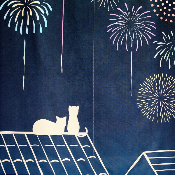 のれん 花火と猫 日本製 ネイビー 幅85cm×高さ(丈)150cm 画像