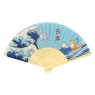 扇子 せんす おおなみしばた 柴犬 神奈川沖浪裏 富嶽三十六景 葛飾北斎 ブルー 21cm